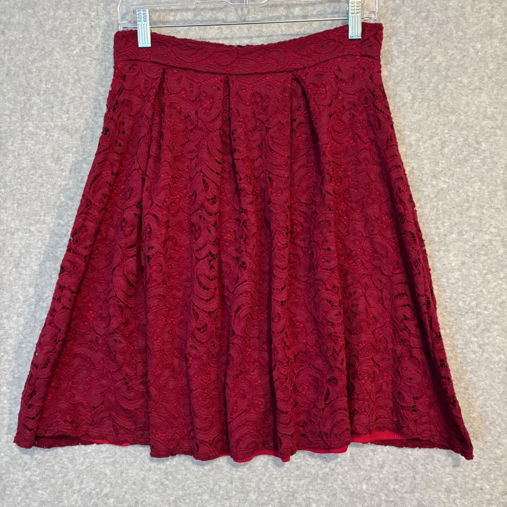 See You Monday Large Women's Burgundy Red Knee Length Lace A-Line Skirt Romantic